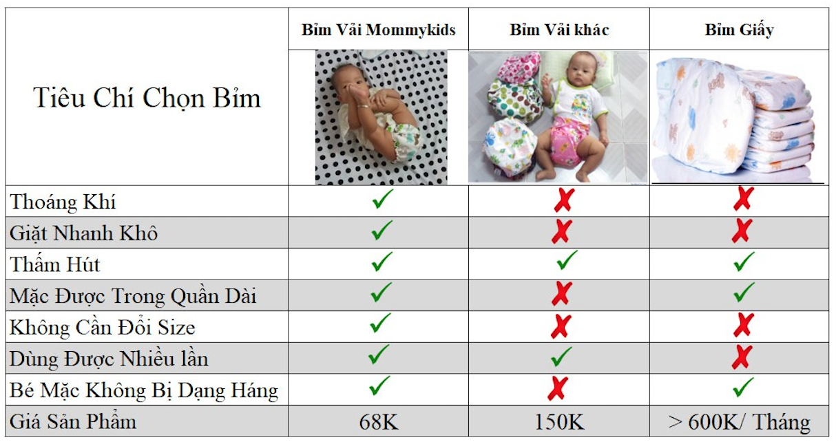 So sánh việc sử dụng Bỉm Vải, Tã Vải Mommykids Cho Bé từ 1 - 24 Tháng Tuổi với các loại bỉm khác 